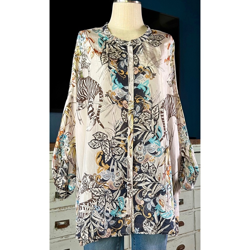 Johnny Was Agatha Whimsical Tiger Silk Buttondown Shirt 1X
